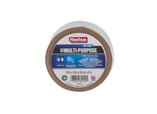 Nashua 322 HVAC Multipurpose Foil Tape, 3.2mil Thick, UV & Moisture Resistant, UL 723 Classified for HVAC Ducts, Insulation Seaming, Automotive Repairs - 48mm x 9m - size: Standard
