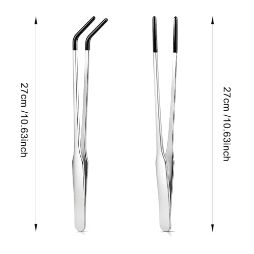 2 Pack Extra Long Stainless Steel Reptile Feeding Tongs with Rubber Tip - 10.6" Straight And Curved Long Tweezers for Aquariums, Feeder for Beard Dragons, Lizard and Snakes (Silver)