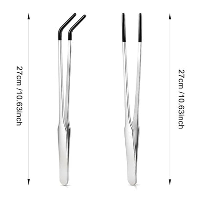 2 Pack Extra Long Stainless Steel Reptile Feeding Tongs with Rubber Tip - 10.6" Straight And Curved Long Tweezers for Aquariums, Feeder for Beard Dragons, Lizard and Snakes (Silver)
