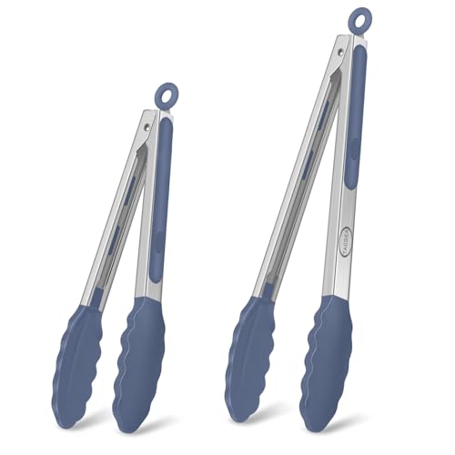 Stainless Steel Kitchen Tongs with Silicone Tips, Locking Grilling Food Tongs, 9" and 12", Set of 2 Blue - color: 2pack Blue