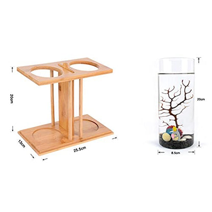 Creative Bamboo and Wood Ecological Fish Tank Creative Fish Tank Small Fish Tank Betta Fish Tank Aquaponic Fish Tank with Dual Glass LED Divider Wood Base DIY Landscape Desktop Aquarium