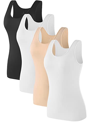 Air Curvey 4 Pack Tank Top for Women Basic Undershirt Tanks Sleeveless Casual Shirts Soft Seamless Layering Tops - color: Black White Nude White, size: Large