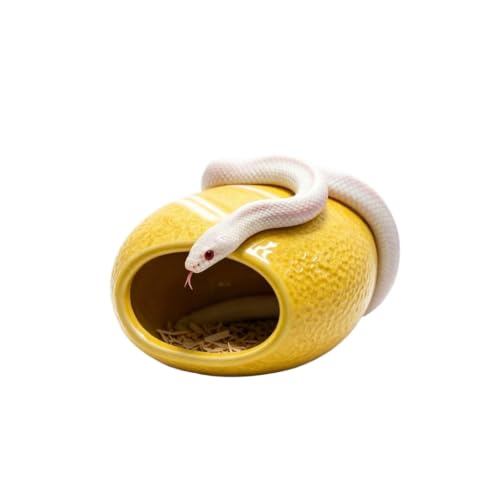 Ceramic Reptile Hide Cave - Cooling Hideout and Terrarium Decor (Yellow) | Cooling ceramic hide cave for snakes & geckos.Textured embossed design provides stress-relief & enhances terrarium decor - color: Yellow