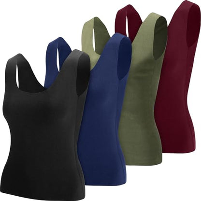 Toulite 4 Pcs Thermal Tank Tops Women Underwear Tops Sleeveless Undershirt for Women Cotton Camisole Warm Base Layer - color: Black, Dark Blue, Army Green, Wine Red, size: Small