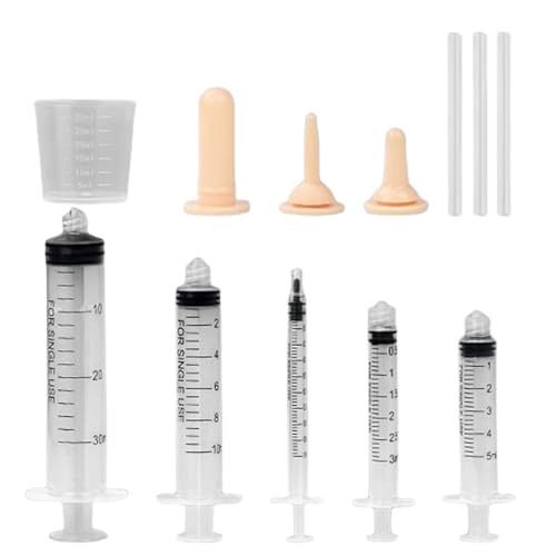 Suxgumoe Pet Feeding Bottle Set, Feeding Silicone Nipple with Bottle and Syringes, Reusable Pet Nursing Kits Feeding Tools for Rabbits, Small Animals (3 Nipples+5 Syringes + 1 Measuring Cup) - color: 3 Nipples+5 Syringes + 1 measuring cup