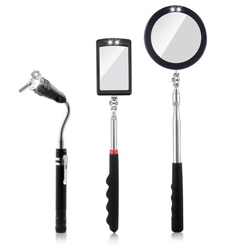 3 Pack Telescoping Inspection Mirrors LED Light & Magnet Flashlight Pickup Tool Set, Large 3.75" Round, 3.3" Square Mirror, for Inspection Viewing, Mechanic Checking, Observation - style: Inspection Mirrors & Magnet Flashlight