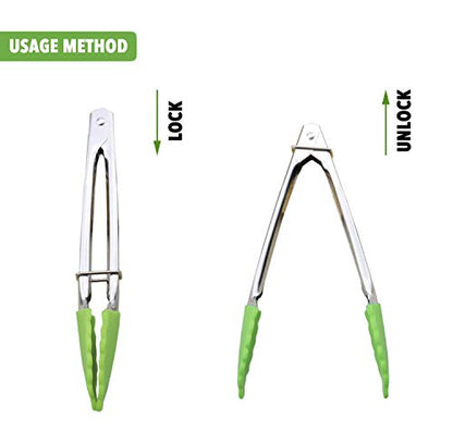 HINMAY 7" Mini Tongs with Silicone Tips, Set of 3 (Green) | 7 Inches Silicone Cooking Tongs - color: Green