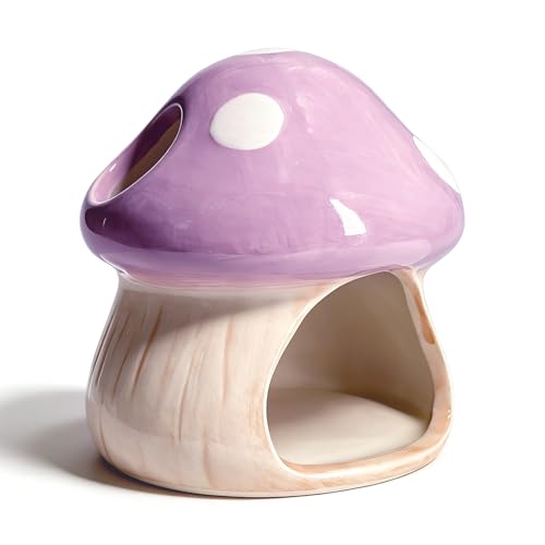 Betta Fish Tank Accessories, 4.33'' × 4.33'' Ceramic Mushroom House Aquarium Decor - Cute Purple Hideout Cave Ornament for Small Fish, Shrimp, Goldfish, Hamsters & Reptiles (Purple)