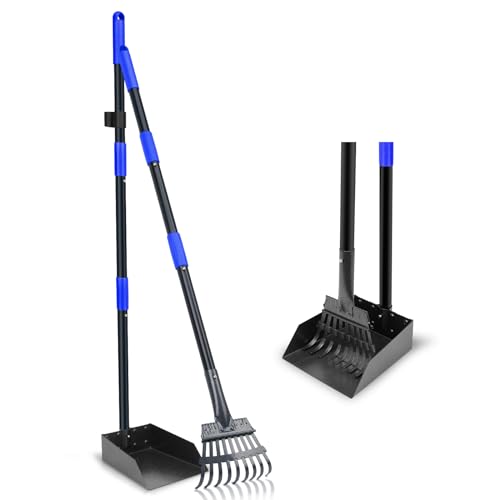 Pooper Scooper, Dog Pooper Scooper Tray and Rake Set with Adjustable Stainless Steel Long Handle for Large Medium Small Dogs (Blue) - color: Blue