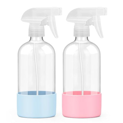 Worldgsb 2 Pack Glass Spray Bottles with Silicone Sleeve, 16 oz Empty Refillable Containers with Adjustable Spray Nozzles, Spray Bottles for Hair, Cleaning Solutions and Plants Blue&Pink - color: Blue&Pink