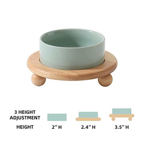 Havniva Raised Cat Bowl 5.1” Elevated Ceramic Cat Food and Water Bowl | Cat Bowls Elevated, Whisker Friendly Cat Bowl, Non-Slip Wood Stand, Food-Grade Ceramic, Wide Opening, Dishwasher Safe - color: Light Green, size: Bowl+Tray - 5.1"