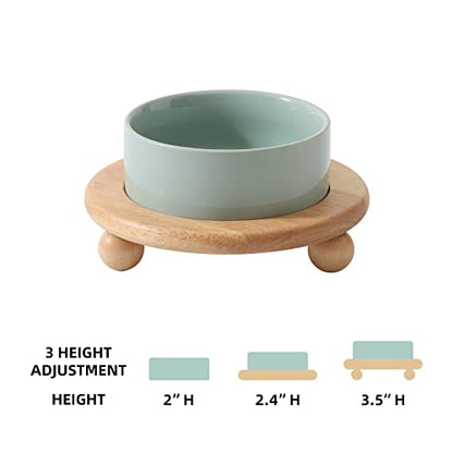 Havniva Raised Cat Bowl 5.1” Elevated Ceramic Cat Food and Water Bowl | Cat Bowls Elevated, Whisker Friendly Cat Bowl, Non-Slip Wood Stand, Food-Grade Ceramic, Wide Opening, Dishwasher Safe - color: Light Green, size: Bowl+Tray - 5.1"