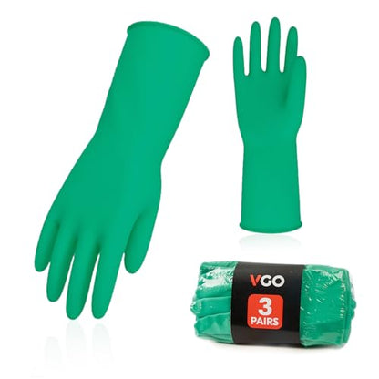 Vgo... 3-Pairs Reusable Household Gloves, Rubber Dishwashing gloves, Extra Thickness, Long Sleeves, Kitchen Cleaning, Working, Painting, Gardening, Pet Care (Size M, Green, HH4601) - color: 3 Pairs - Green, size: Medium