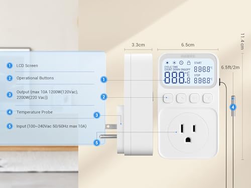 INKBIRD Digital Thermostat Outlet Temperature Controller Outlet Socket Heating/Cooling Control 1200W 10A Backlit Display - size: 1200W 10A