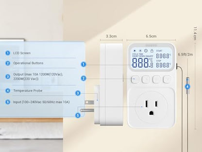 INKBIRD Digital Thermostat Outlet Temperature Controller Outlet Socket Heating/Cooling Control 1200W 10A Backlit Display - size: 1200W 10A