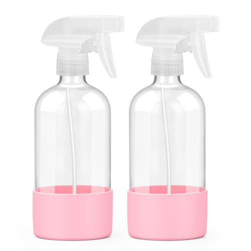 Worldgsb 2 Pack Glass Spray Bottles with Silicone Sleeve, 16 oz Empty Refillable Containers with Adjustable Spray Nozzles, Spray Bottles for Hair, Cleaning Solutions and Plants Pink - color: Pink
