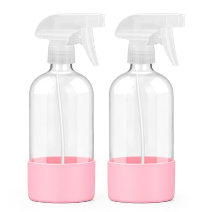Worldgsb 2 Pack Glass Spray Bottles with Silicone Sleeve, 16 oz Empty Refillable Containers with Adjustable Spray Nozzles, Spray Bottles for Hair, Cleaning Solutions and Plants Pink - color: Pink