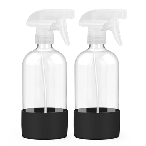 Worldgsb 2 Pack Glass Spray Bottles with Silicone Sleeve, 16 oz Empty Refillable Containers with Adjustable Spray Nozzles, Spray Bottles for Hair, Cleaning Solutions and Plants Black - color: Black