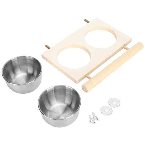 Bird Food Stainless Steel Cups, Parrots Feeding Dish Cups with Wooden Platform, Stainless Steel Food Water Feeder Cage Accessory with StandDouble Bowl