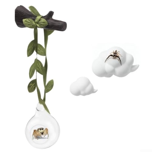 4 Pack Jumping Little Creatures Habitat Glass Ball Hideout Platform Shelf, Transparent Terrarium Decor with Tree Trunk Garden Courtyard, White