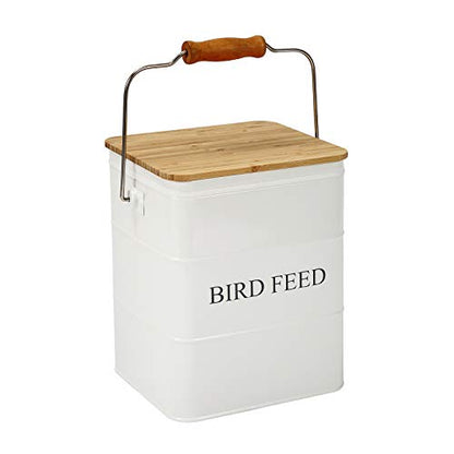Bird Seeds storage container,Bird Seed Container,Metal food tin for Birds, pet snacks Canisters with wooden lid/handle/sevice scoop,hold 5-6 lbs - color: Bird-White