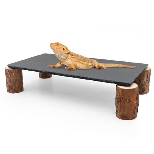 Bearded Dragon Basking Platform, Slate Rocks for Reptiles with Wooden Pile, Leopard Gecko Hides and Caves, Reptile Tank Accessories for Bearded Dragons, Geckos, Ball Pythons, Tortoise (Black, Large) - size: Large