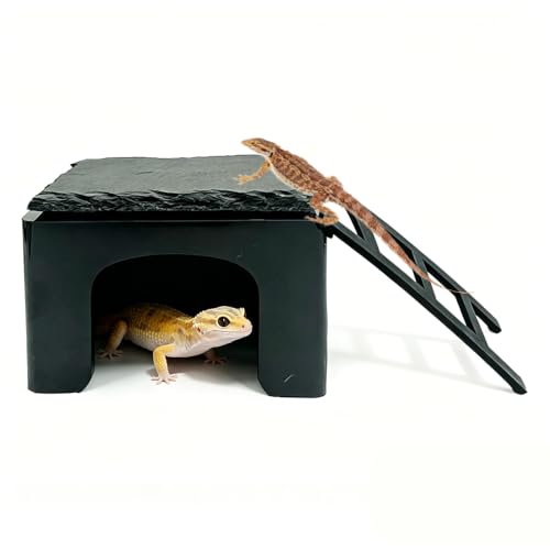 2-in-1 Visible Bearded Dragon Basking Platform with Hideout，Leopard Gecko Basking Platform with Slate Stone，Reptile Habitat Accessories for Lizard, Gecko, Snake (Black) - color: Black