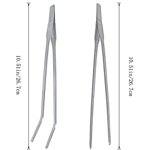 2 Pcs Feeding Tongs, Aquarium Tweezers Straight and Curved Tweezers Set | 27cm/10.6 inches Stainless Steel Aquascaping Tools for Hold Worms, Reptiles, Lizards, Bearded Dragon (Silver)
