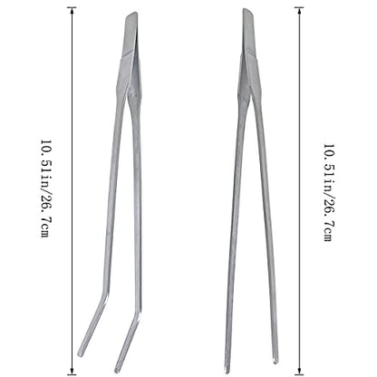 2 Pcs Feeding Tongs, Aquarium Tweezers Straight and Curved Tweezers Set | 27cm/10.6 inches Stainless Steel Aquascaping Tools for Hold Worms, Reptiles, Lizards, Bearded Dragon (Silver)
