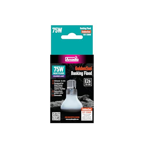 Arcadia Golden Sun Basking Flood Lamp 75W – Wide Beam Infrared Reptile Heat Lamp Bulb for Bearded Dragons, Tortoises, Iguanas and Turtle Tanks, Long Lasting Easy to Use Indoor Heat Bulb for Reptiles