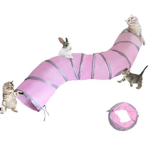 2-Way Long Collapsible Cat Tunnel Tube Toy Pink | Interactive Play Tunnel with Peek Hole for Indoor Cats, Kittens, Puppies & Rabbits | Hours of Fun & Exercise - color: Pink Grey