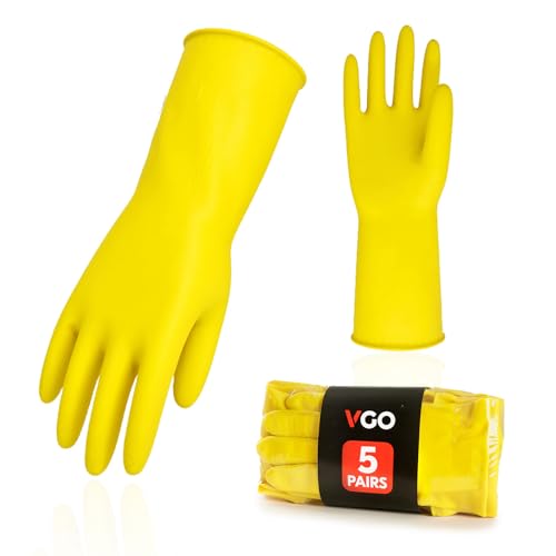 Vgo... 5-Pairs Reusable Household Gloves, Rubber Dishwashing gloves, Extra Thickness, Long Sleeves, Kitchen Cleaning, Working, Painting, Gardening, Pet Care (Size S, Yellow, HH4601) - color: 5 Pairs - Yellow, size: Small