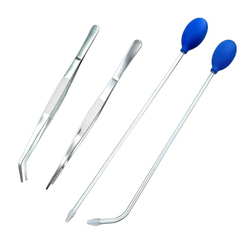 Aquarium Reptile Fish Feeder Tool Set – 2 Coral Feeder Pipettes (18.5 Inch), 11.81 Inch Stainless Steel Curved & Straight Tweezers, Long Handle Tools for Reef Tank & Terrarium Care