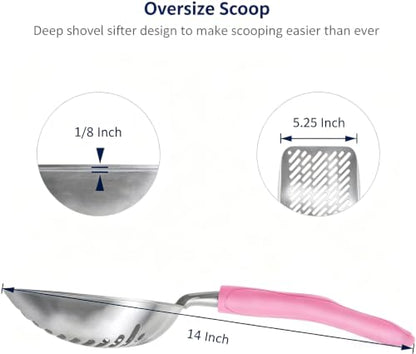 Cat Litter Scoop, Aluminum Alloy Sifter, Kitty Metal Scooper, Deep Shovel with Diagonal Sifting Hole, Long Handle, Kitten Poop Lifter for Litter Box, Large Size, Pink Handle - color: #10 Pink, size: Large
