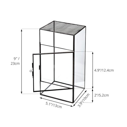 NCYP Glass Terrarium with Door and Mesh for Small Insects - 5.1 x 3.9 x 9 Inches Rectangle Reptile Habitat, Black - Modern Home Tabletop Decor (Terrarium Only)