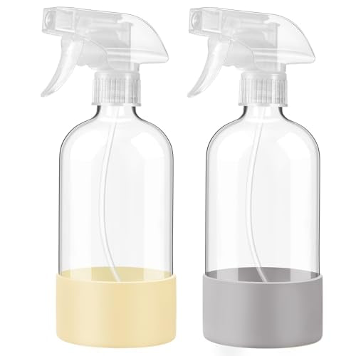 Glass Spray Bottles with Silicone Sleeve, 2 Pack16 oz Empty Refillable Containers with Adjustable Spray Nozzles, Spray Bottles for Hair, Cleaning Solutions and Plants Pale Yellow&Grey | Leak-Proof Empty Refillable Containers with Adjustable Spray Nozzles,