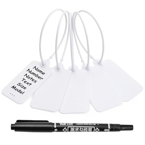 100 White Blank Plastic Tags for Labeling Waterproof Hanging Labels Writable Tags Seal Plastic Marking Label for Clothes Bags Keys Inventory with One Marker Pen - color: White, size: 100 PCS