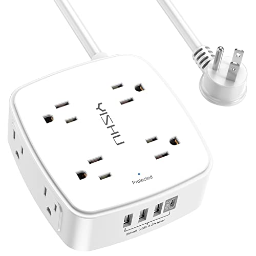 10 Ft Surge Protector Power Strip - YISHU 3 Side Outlet Extender with 8 Widely AC Outlets and 4 USB Ports, 10 Feet Extension Cord with Flat Plug, Wall Mount Desk USB Charging Station, ETL,White - color: White, size: 10 Ft