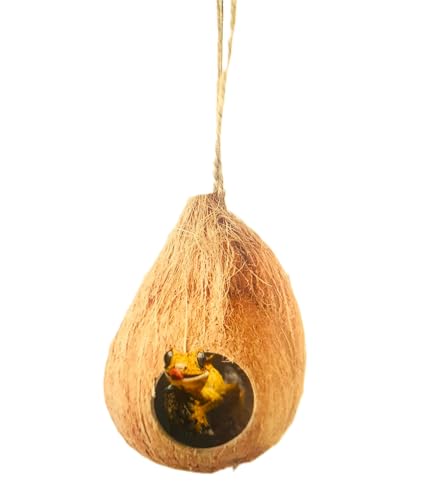 Natural Coconut Reptile Hide with Fiber Loop, Hideout for Gecko, Snake & Fish, Egg Laying Shelter, Hanging Bird House, Perfect for Small Finch, Humming Birds Opening 2” Diameter, 1 Pack (1-Hole)