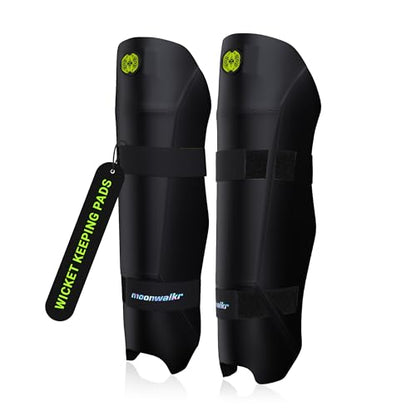 moonwalkr Cricket Wicket Keeping Shin Guards Cricket Guard for Keeper's Height (4'5" - 6'6") Wicket Keeping Pads Super Slim Gear Comes with a 3-inch Strap - color: Black