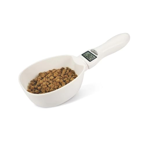 Record Measuring Spoon, Cradle for Dry Food for Dogs and Cats, Integrated Digital Scale, Maximum Load Capacity 800 g/ml, BPA-Free Plastic, White