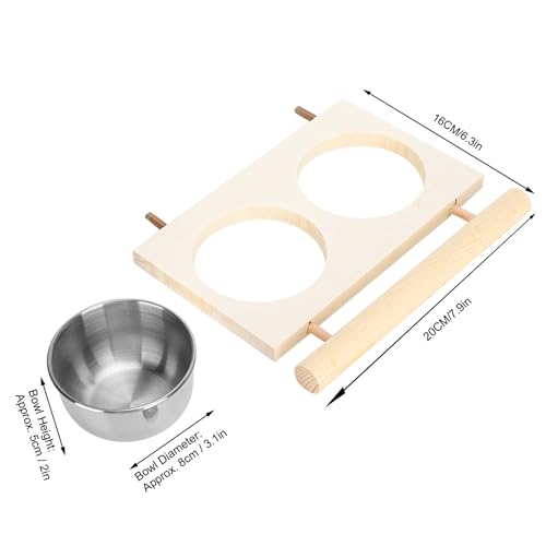 Bird Food Stainless Steel Cups, Parrots Feeding Dish Cups with Wooden Platform, Stainless Steel Food Water Feeder Cage Accessory with StandDouble Bowl