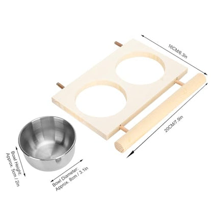 Bird Food Stainless Steel Cups, Parrots Feeding Dish Cups with Wooden Platform, Stainless Steel Food Water Feeder Cage Accessory with StandDouble Bowl