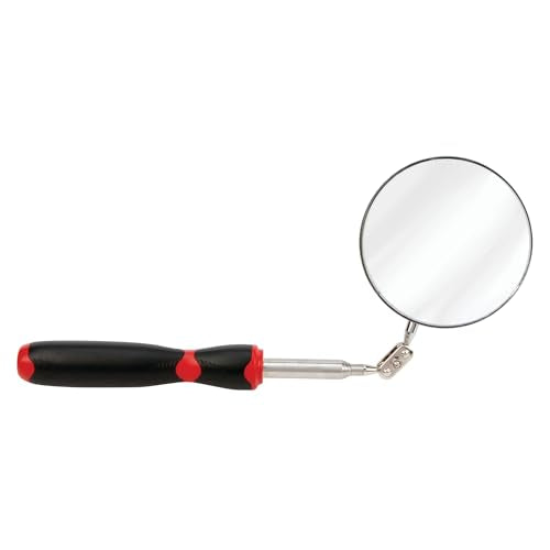 Performance Tool W9141 3.5 in. Jumbo Round Inspection Mirror | Telescoping mechanics mirror extends up to 30 inches. Double ball joint swivel. Comfortable grip for confined areas - size: Round Inspection Mirror |Extends: 11-3/8 to 30"