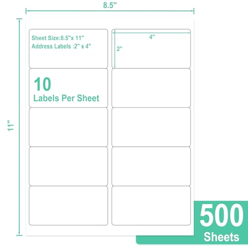 L LIKED 2"x4" Bulk Printable White Label Stickers 5000 Labels 500 Sheets | Matte, permanent adhesive, laser/inkjet compatible, 10 per sheet, for shipping, address, product & barcode labels - size: 500 Sheets
