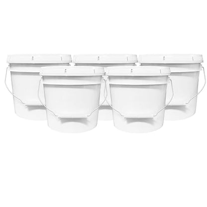 1-Gallon Bucket with Airtight Lid – Made in USA, Food Grade BPA Free Plastic, Heavy Duty Multi-Use, Metal Handle with Grip, Stackable Storage – White, 5 Pack - color: White, size: 5