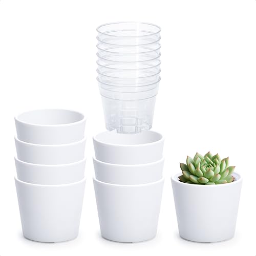 Phoenix Vine 3.5 Inch White Plastic Cachepot with Clear Nursery Pot, Decorative Lightweight Planter Cover with Transparent Inner Pot for Indoor Houseplants, Pack of 8, 24-A-D-8 - color: Matte White, size: 3.5" (8 Pack)