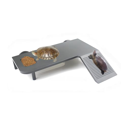 Turtle Basking Platform with Feeding Area,Turtle Basking Platform Large-with Two Strong Vacuum Suction Cups and Support Base,Suitable for Deep-Water and Semi-Aquatic Turtles (Black, Large) - color: Black, size: Large