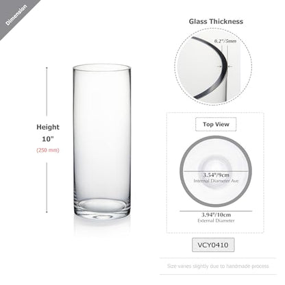 WGVI Quality Thick Weighted Clear Cylinder Glass Vases, 4" W x 10" H, Flower Arrangement Floating Candle Holders Wedding Centerpieces Terrarium Planter Floral Pen Brush Storage Container, 1 Piece - size: 4"x10"H