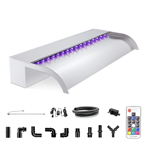 Waterfall Pool Fountain, LONGRUN Stainless Steel Waterfall Spillway for Pools and Ponds - 23.6" Wide Decorative Water Feature for Swimming Pools, Koi Ponds, and Garden - size: 23.6"Stainless Steel(Curved)